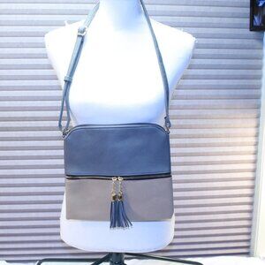 Malibu Skye Gray/Tan Faux Leather ANNA Tassel Crossbody/Shoulder Bag NWT 10"x9"